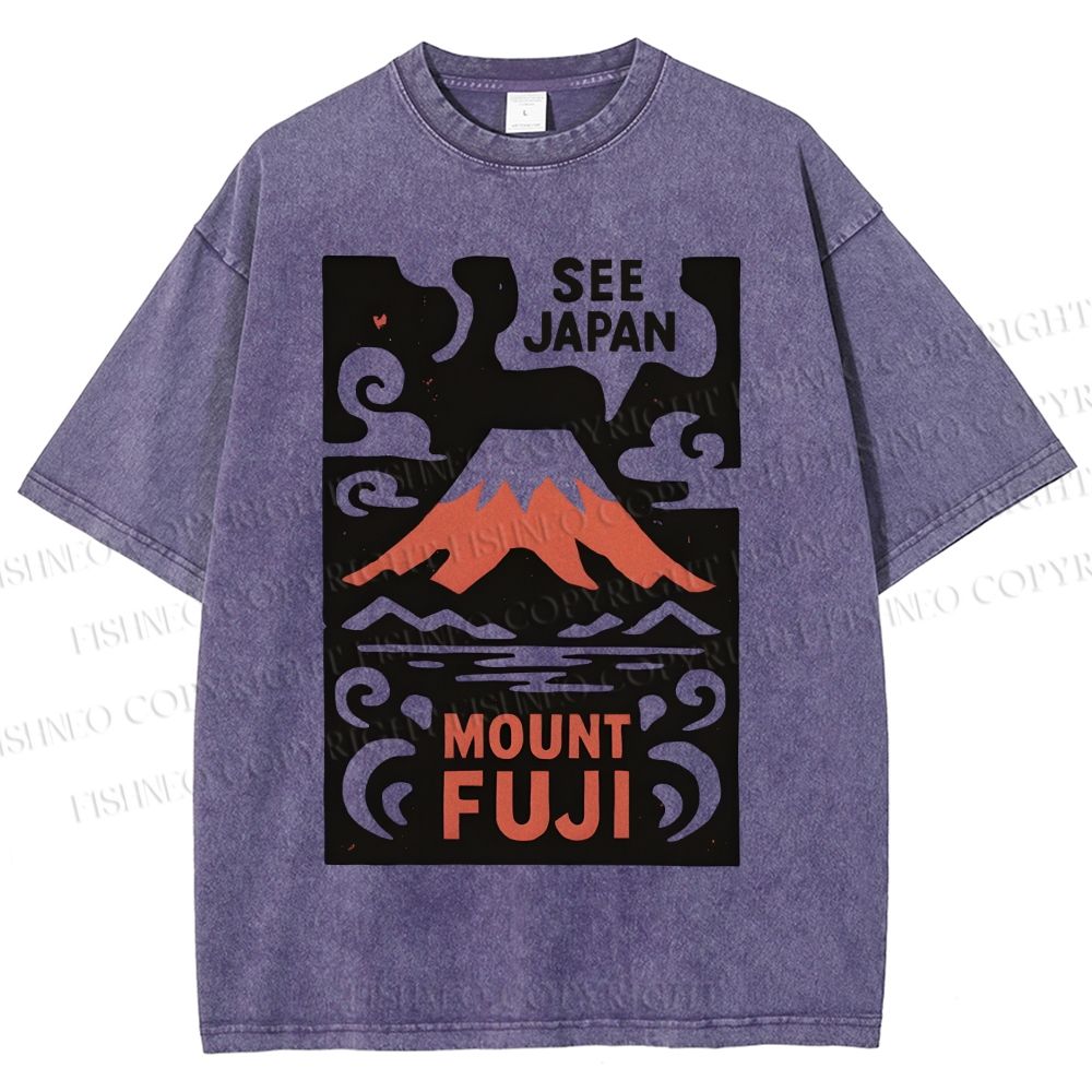 Unisex Vintage Japanese Mount Fuji Printed Washed Tee