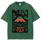 Unisex Vintage Japanese Mount Fuji Printed Washed Tee