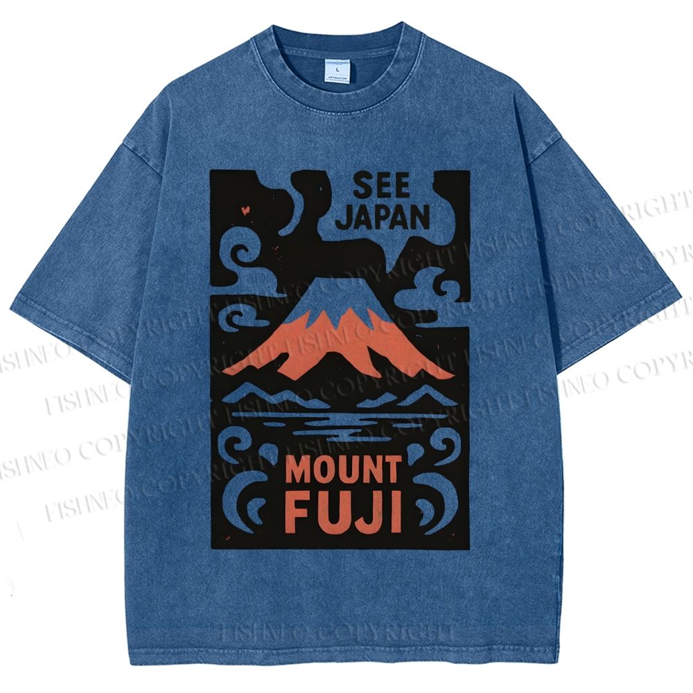 Unisex Vintage Japanese Mount Fuji Printed Washed Tee