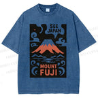 Unisex Vintage Japanese Mount Fuji Printed Washed Tee