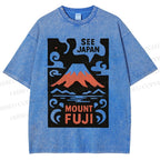 Unisex Vintage Japanese Mount Fuji Printed Washed Tee