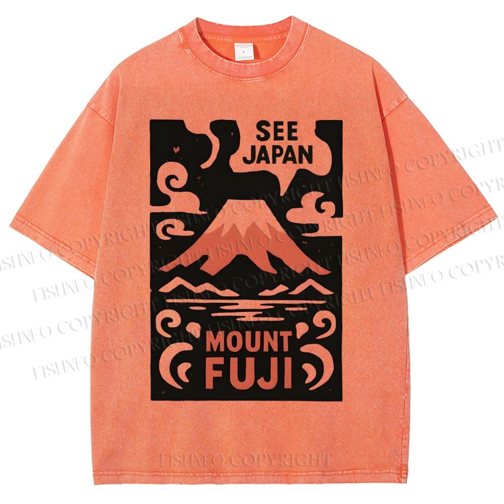 Unisex Vintage Japanese Mount Fuji Printed Washed Tee