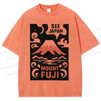 Unisex Vintage Japanese Mount Fuji Printed Washed Tee
