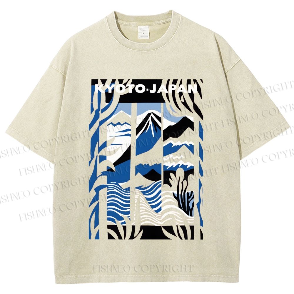Unisex Vintage Japanese Mount Fuji Printed Washed Tee