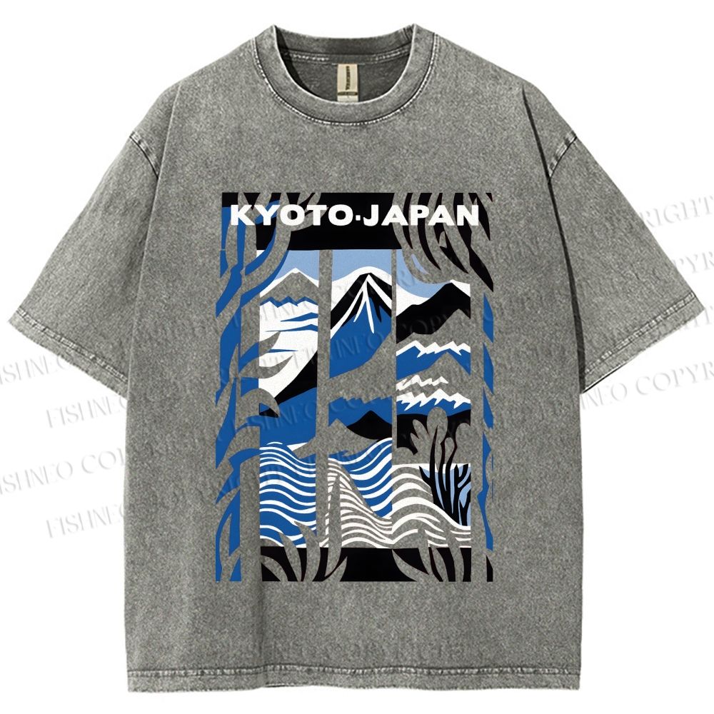 Unisex Vintage Japanese Mount Fuji Printed Washed Tee