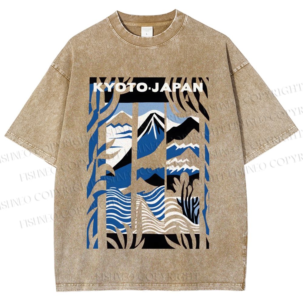 Unisex Vintage Japanese Mount Fuji Printed Washed Tee