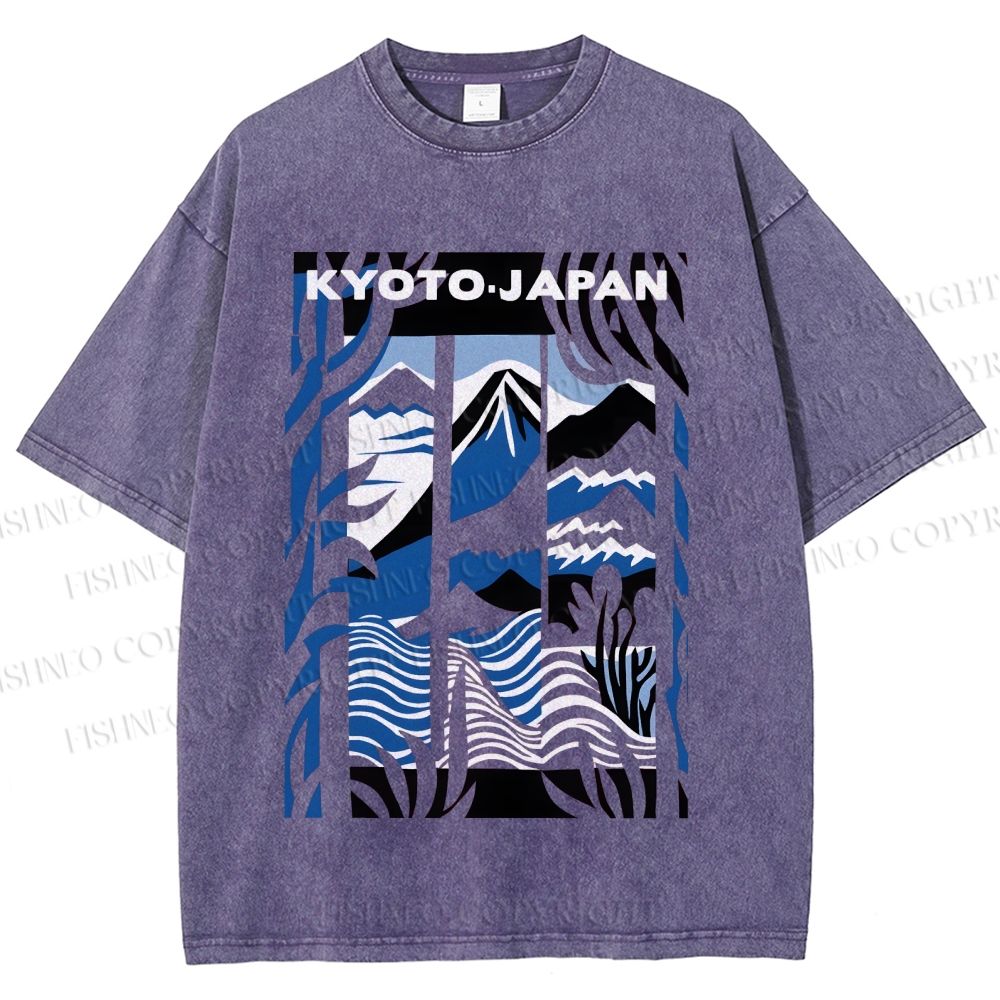 Unisex Vintage Japanese Mount Fuji Printed Washed Tee