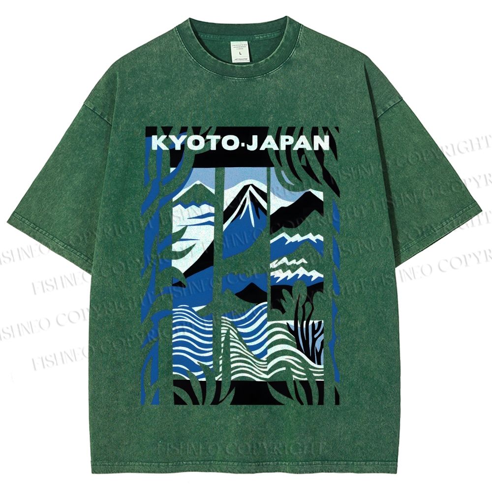 Unisex Vintage Japanese Mount Fuji Printed Washed Tee