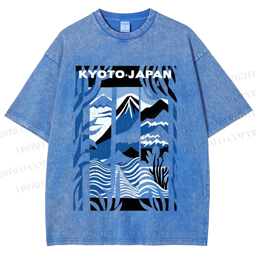 Unisex Vintage Japanese Mount Fuji Printed Washed Tee
