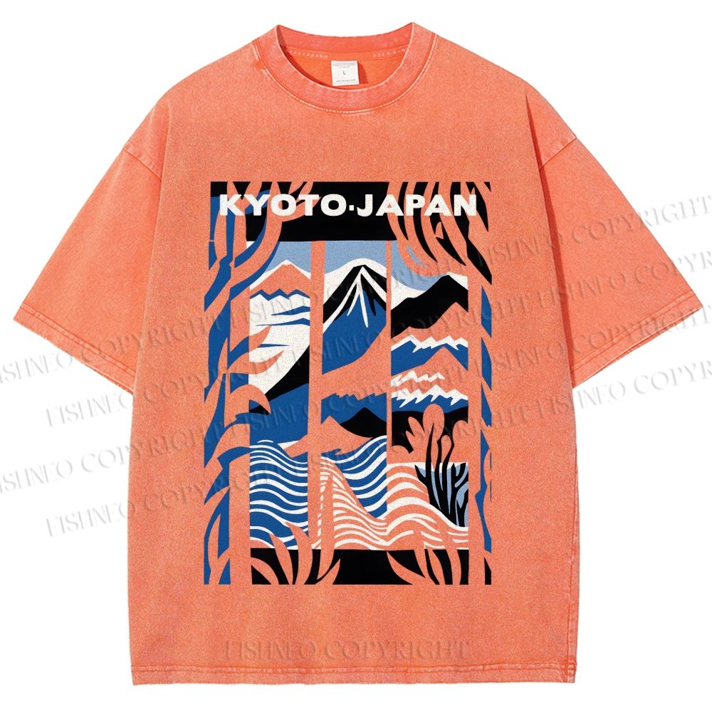 Unisex Vintage Japanese Mount Fuji Printed Washed Tee