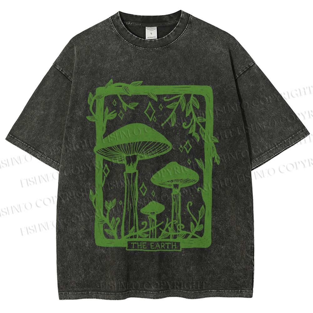 Unisex Vintage Mushrooms Printed Washed Tee