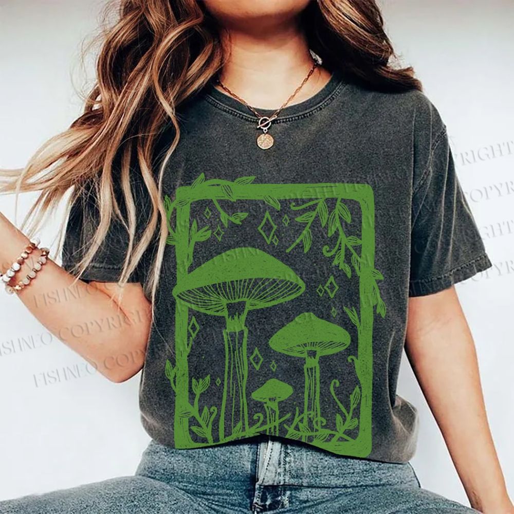 Unisex Vintage Mushrooms Printed Washed Tee