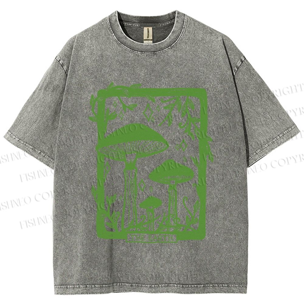 Unisex Vintage Mushrooms Printed Washed Tee
