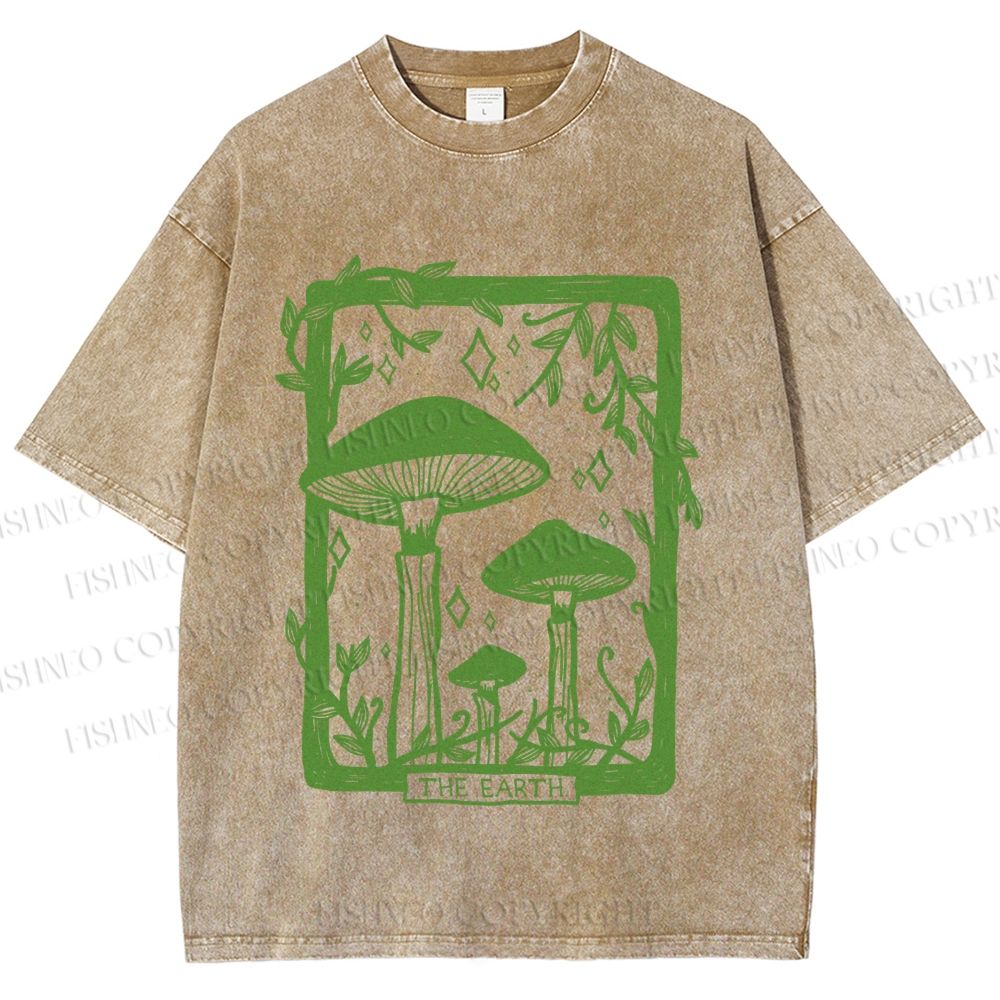 Unisex Vintage Mushrooms Printed Washed Tee