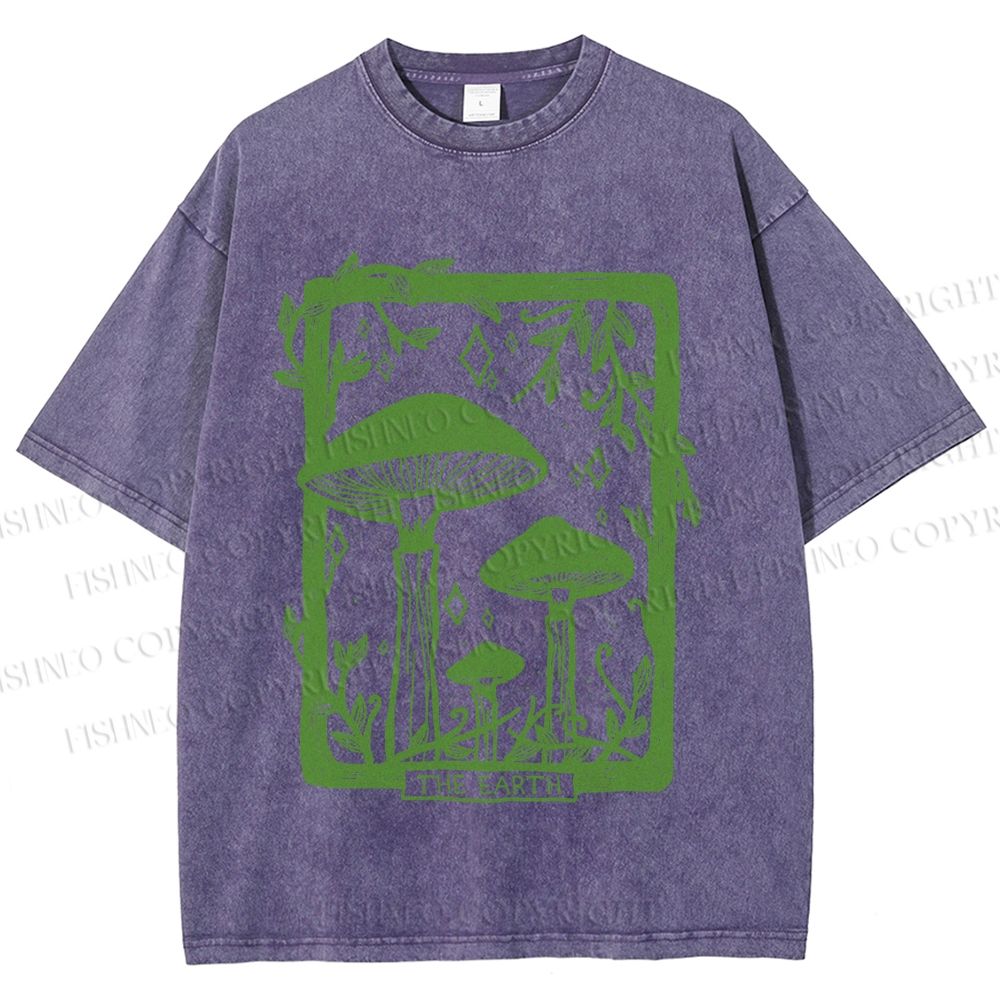 Unisex Vintage Mushrooms Printed Washed Tee