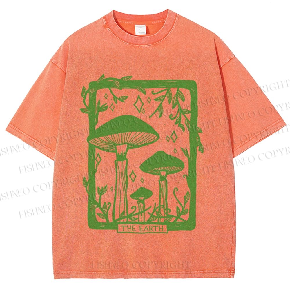 Unisex Vintage Mushrooms Printed Washed Tee