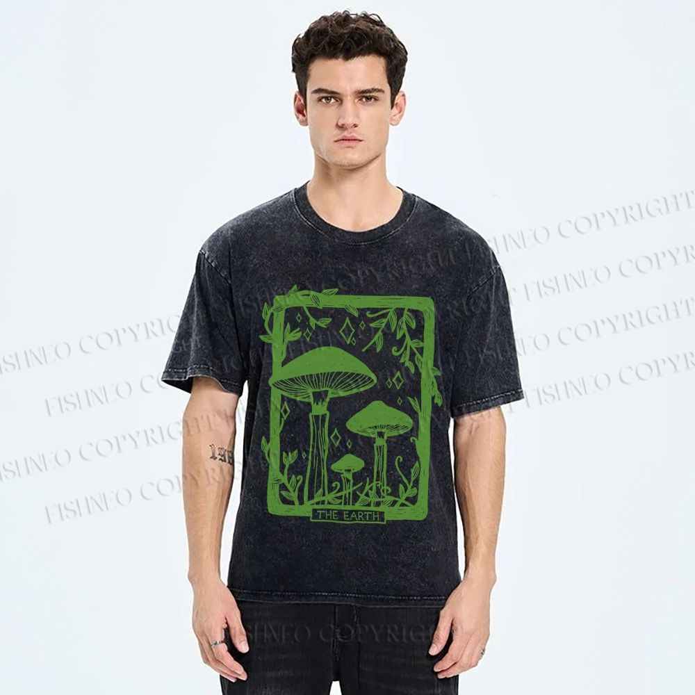 Unisex Vintage Mushrooms Printed Washed Tee