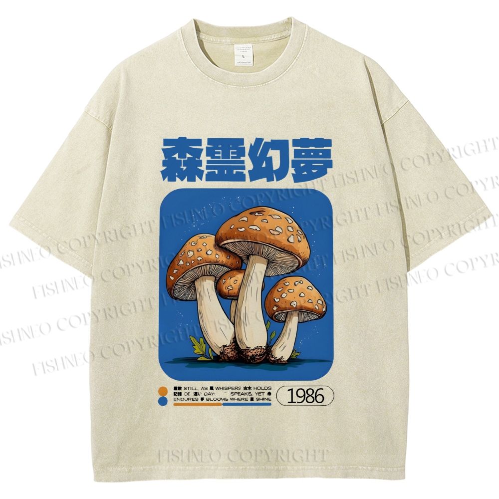 Unisex Vintage Japanese Mushrooms Printed Washed Tee