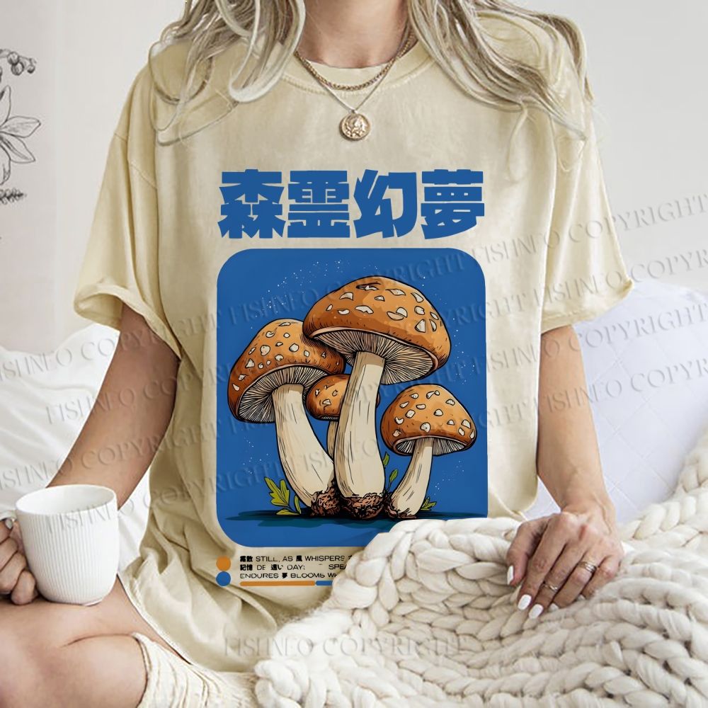Unisex Vintage Japanese Mushrooms Printed Washed Tee