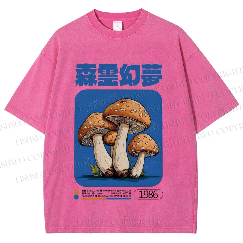 Unisex Vintage Japanese Mushrooms Printed Washed Tee