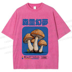Unisex Vintage Japanese Mushrooms Printed Washed Tee