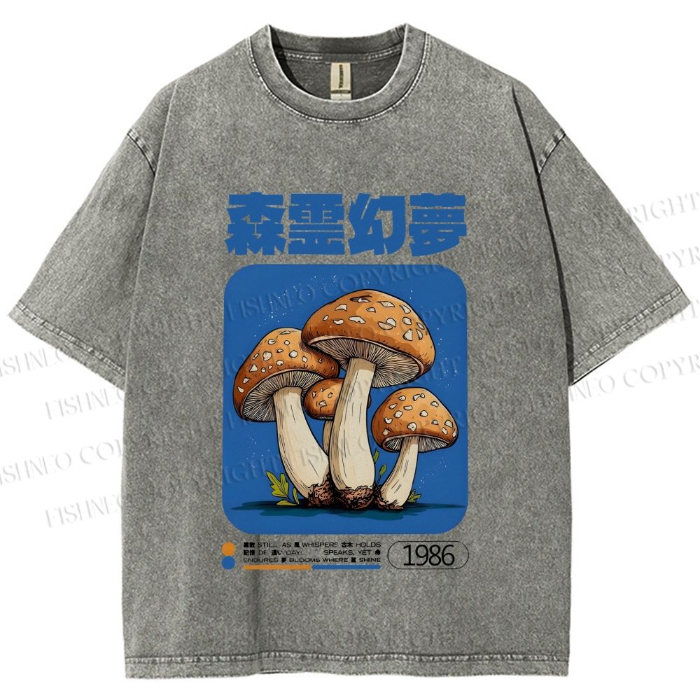 Unisex Vintage Japanese Mushrooms Printed Washed Tee
