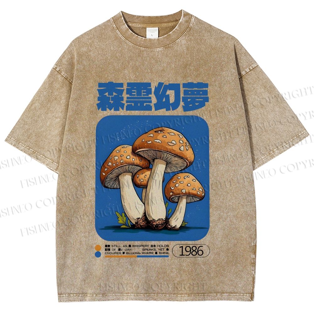 Unisex Vintage Japanese Mushrooms Printed Washed Tee