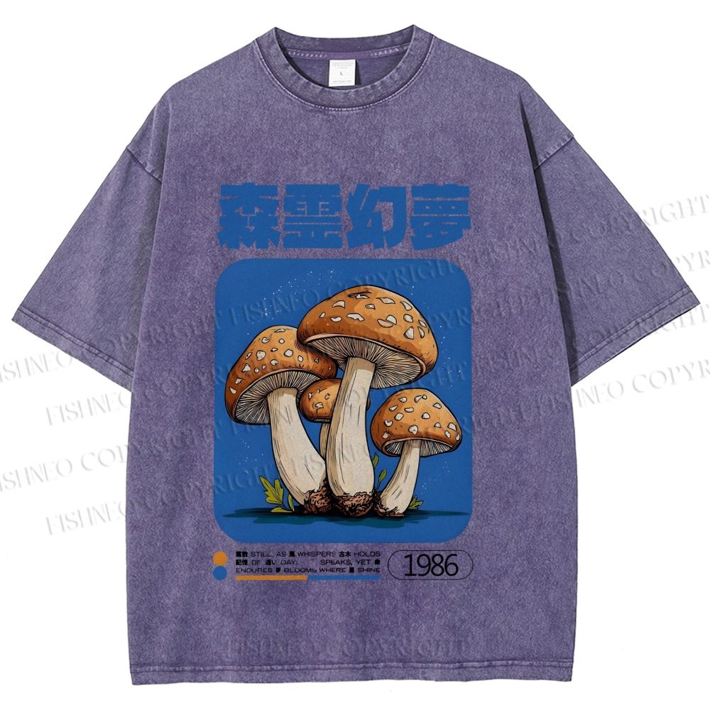 Unisex Vintage Japanese Mushrooms Printed Washed Tee