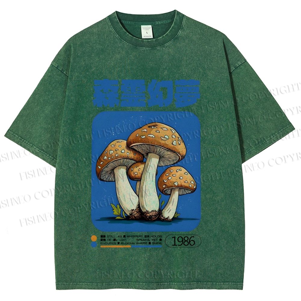 Unisex Vintage Japanese Mushrooms Printed Washed Tee