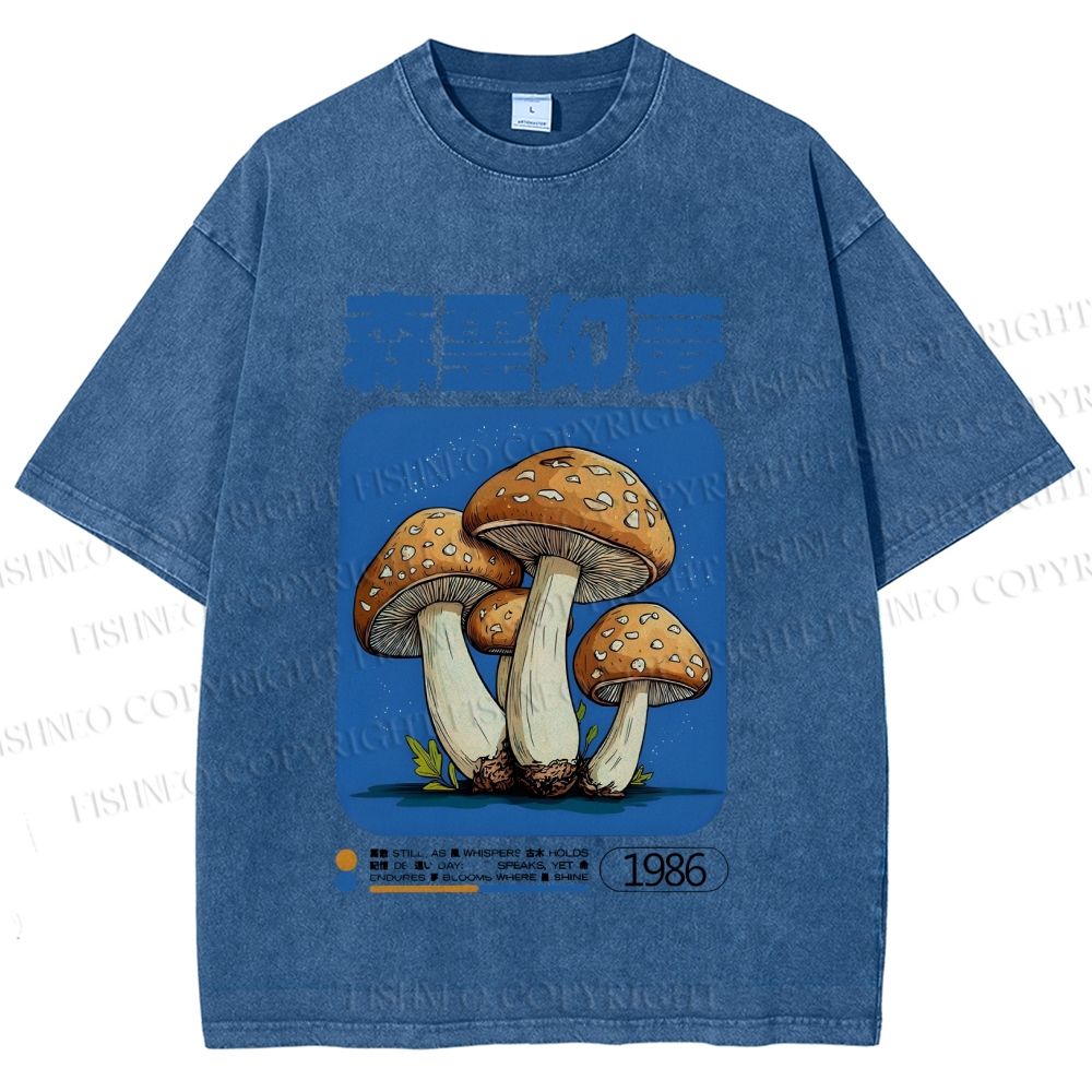 Unisex Vintage Japanese Mushrooms Printed Washed Tee