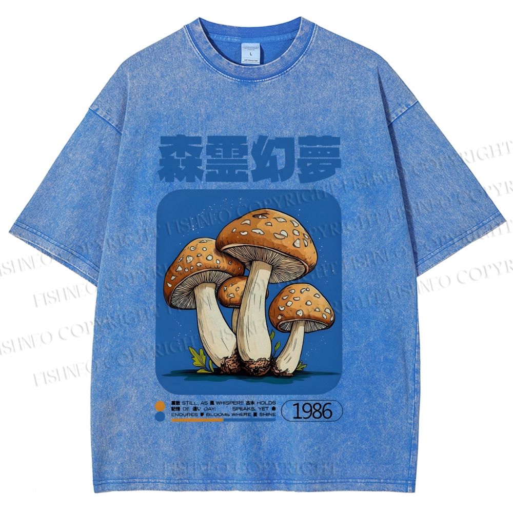 Unisex Vintage Japanese Mushrooms Printed Washed Tee