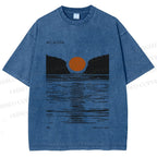 Unisex Vintage Wave Sun Printed Washed Tee