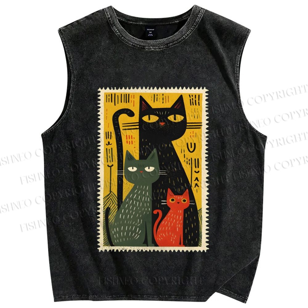 Unisex Vintage Cat Stamp Printed Washed Tank Top