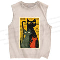 Unisex Vintage Cat Stamp Printed Washed Tank Top