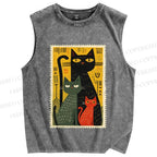 Unisex Vintage Cat Stamp Printed Washed Tank Top