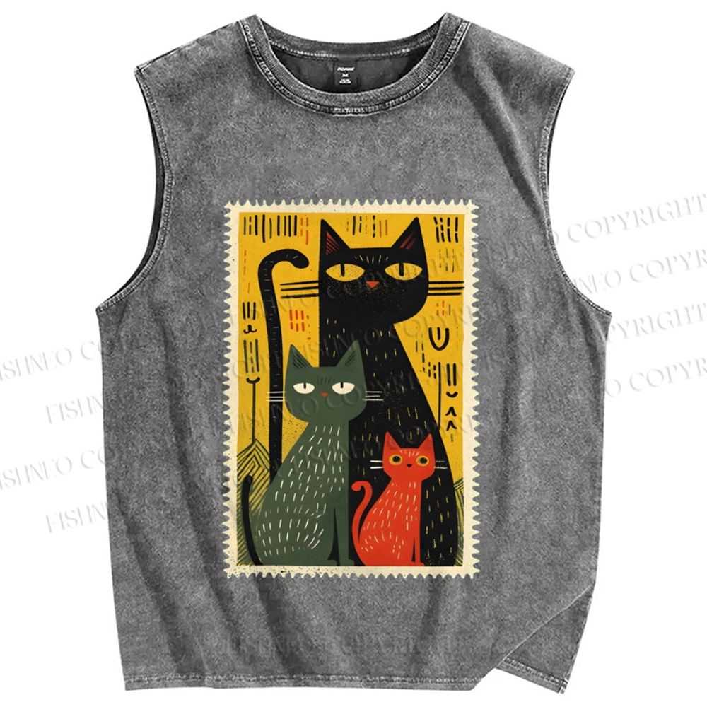 Unisex Vintage Cat Stamp Printed Washed Tank Top