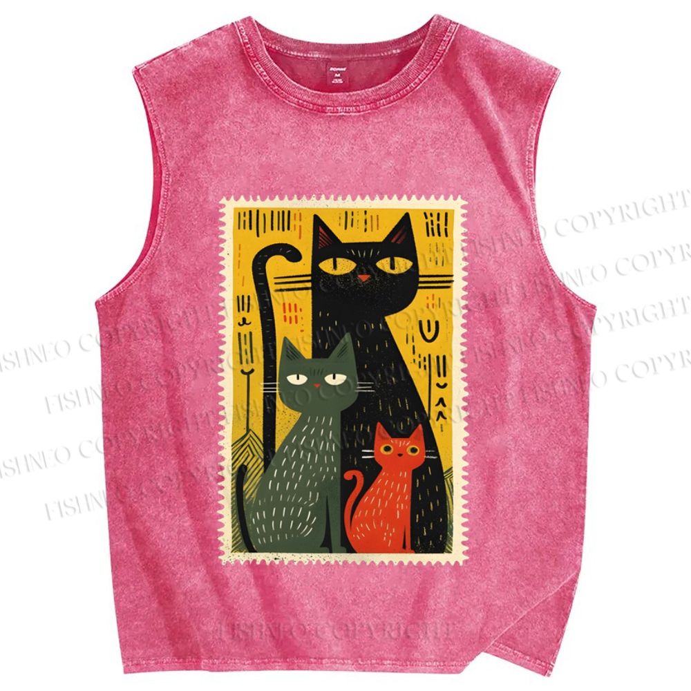 Unisex Vintage Cat Stamp Printed Washed Tank Top