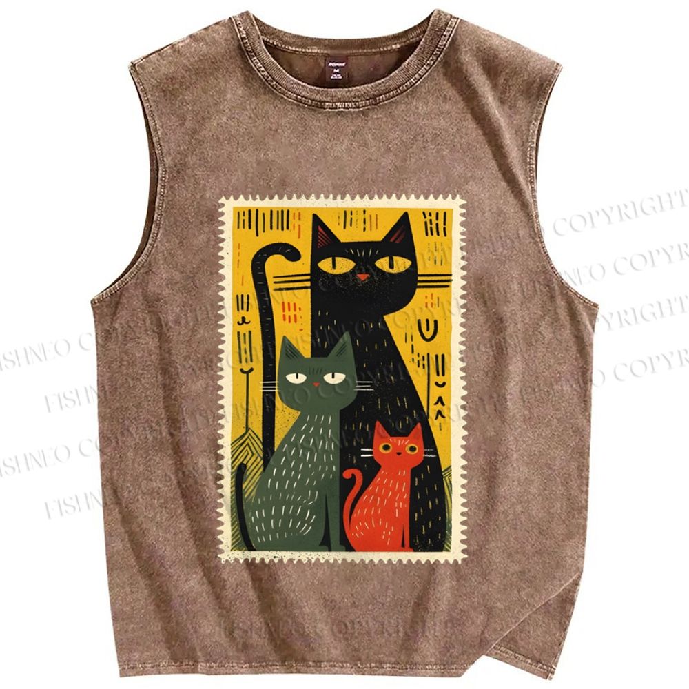 Unisex Vintage Cat Stamp Printed Washed Tank Top