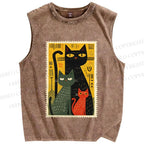Unisex Vintage Cat Stamp Printed Washed Tank Top