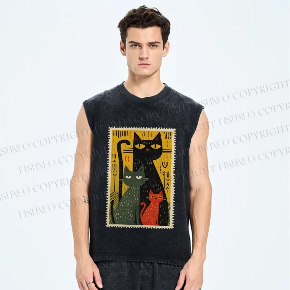 Unisex Vintage Cat Stamp Printed Washed Tank Top