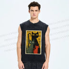Unisex Vintage Cat Stamp Printed Washed Tank Top