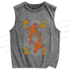 Unisex Japanese Koi Fish Printed Washed Tank Top