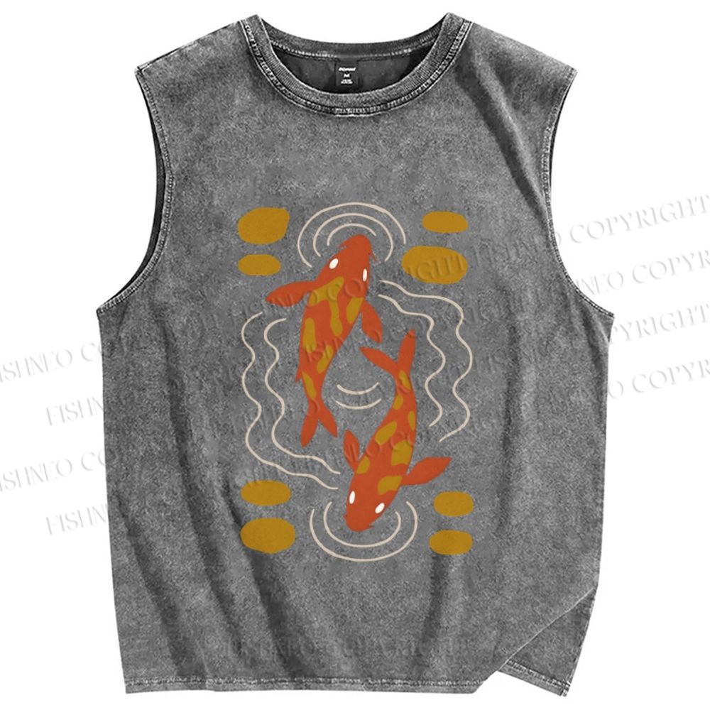 Unisex Japanese Koi Fish Printed Washed Tank Top