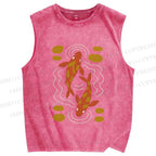 Unisex Japanese Koi Fish Printed Washed Tank Top