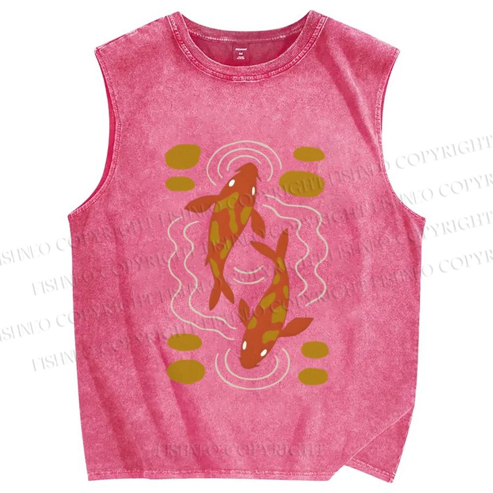 Unisex Japanese Koi Fish Printed Washed Tank Top