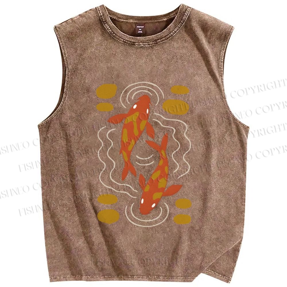 Unisex Japanese Koi Fish Printed Washed Tank Top