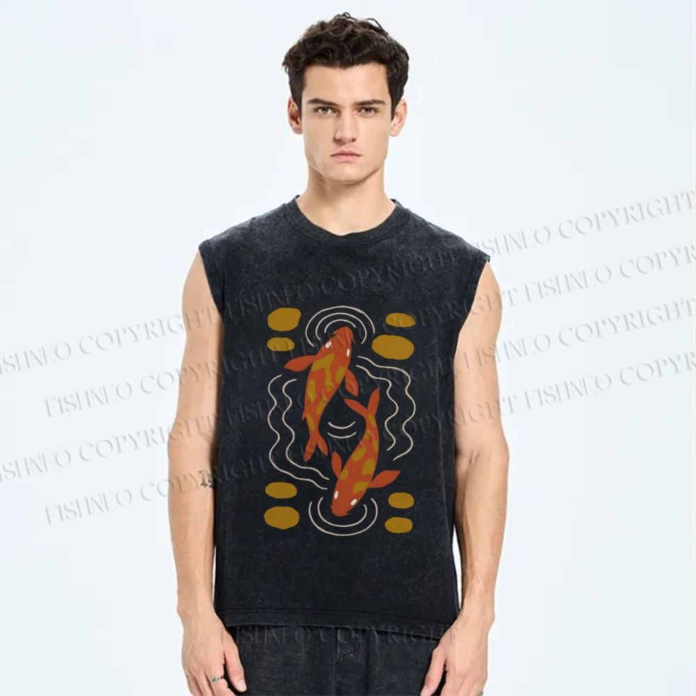 Unisex Japanese Koi Fish Printed Washed Tank Top