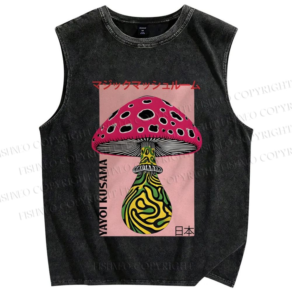 Unisex Japanese Yayoi Kusama Mushrooms Printed Washed Tank Top