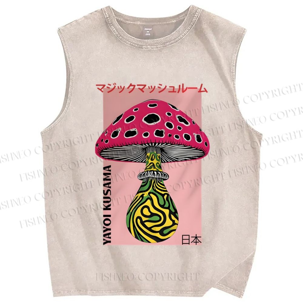 Unisex Japanese Yayoi Kusama Mushrooms Printed Washed Tank Top