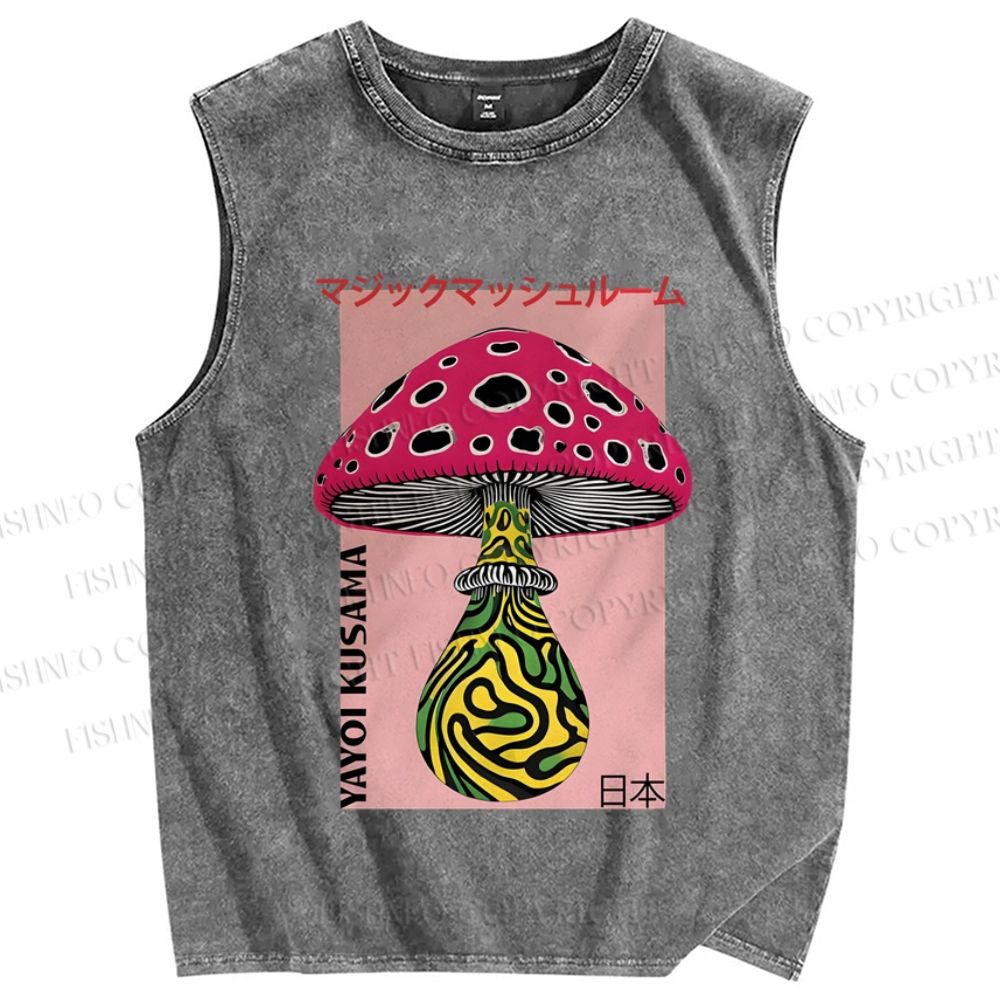 Unisex Japanese Yayoi Kusama Mushrooms Printed Washed Tank Top